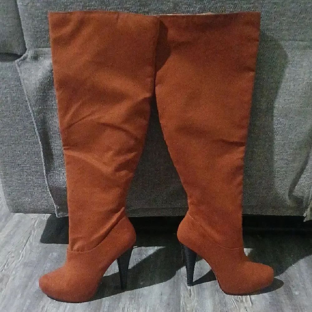 Michael Antonio rust brown over the knee 5" heeled boots Sz 9 EUC